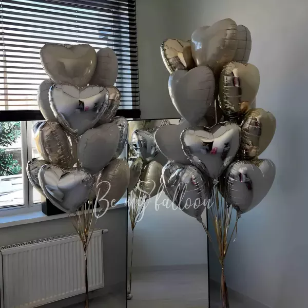 Elegant Silver & Champagne Heart Balloon Bunches with Weights   
