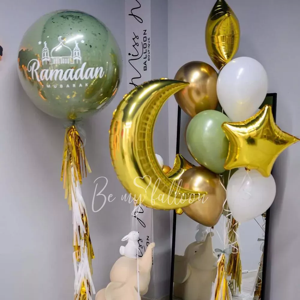 Ramadan Mubarak Balloon Arrangement with Eucalyptus, Gold Crescent, and Stars   