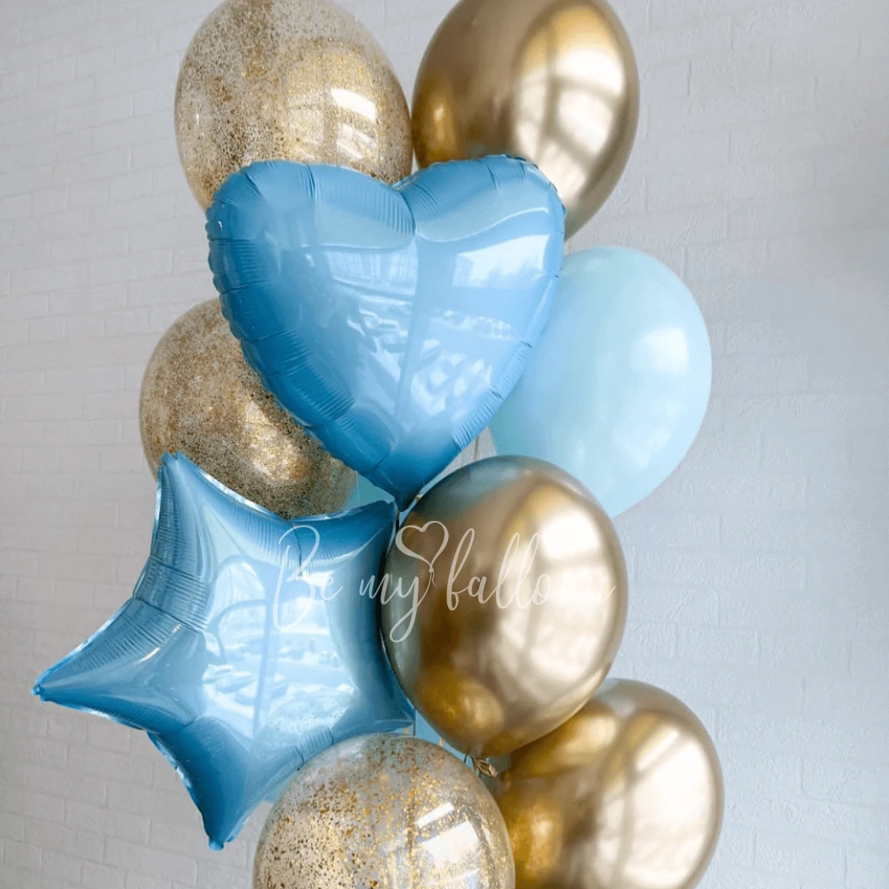 Букет из голубых и золотых гелиевых шаров