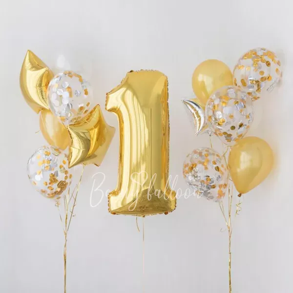 Golden 1st Birthday balloon bouquet