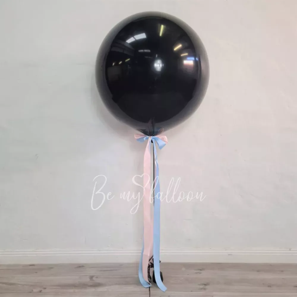 Black plain gender reveal balloon 36" with confetti or feathers and blue/pink tassel