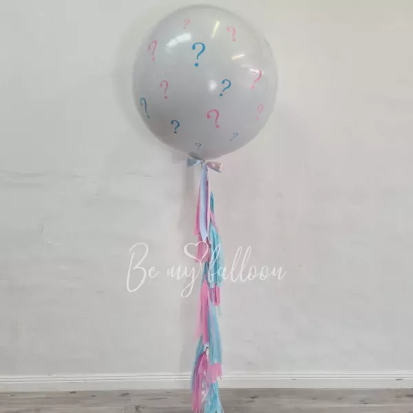 White baby gender reveal balloon 36" with "Questions" confetti or feathers and blue/pink tassel
