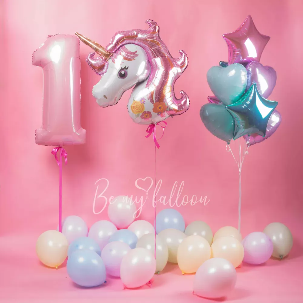 Unicorn with Number and Balloon Bouquet bundle