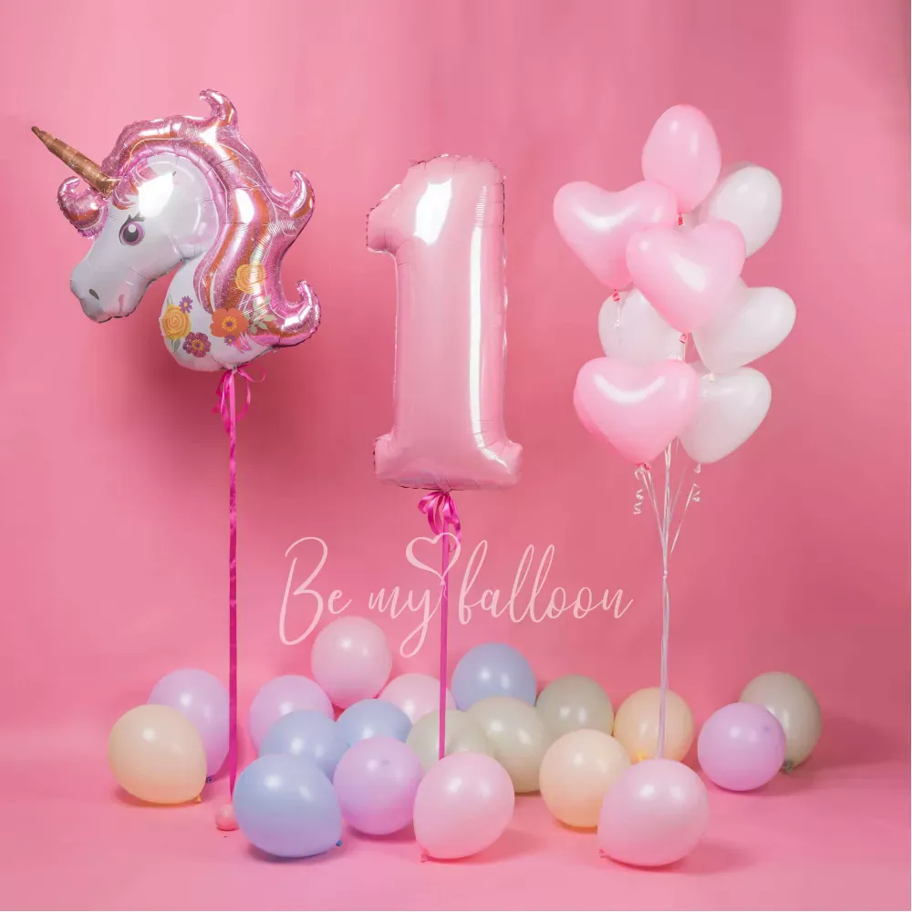 Unicorn with Number and Pastel Hearts Balloon Bouquet bundle